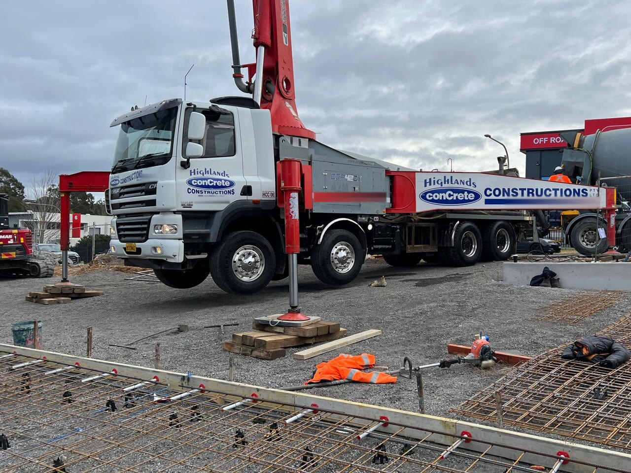 Highlands Concrete Constructions boom pump on site